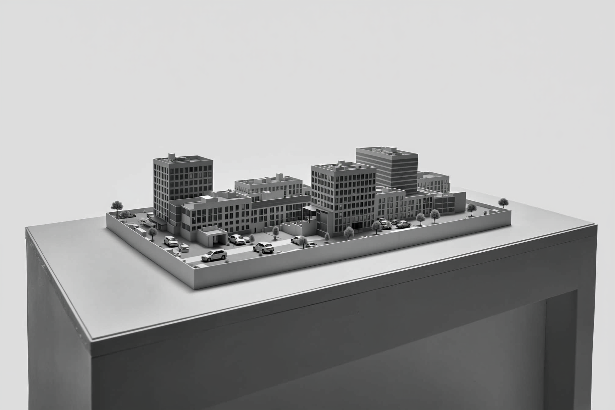 Een architectonische maquette van een stadsblok, van schuin boven gefotografeerd